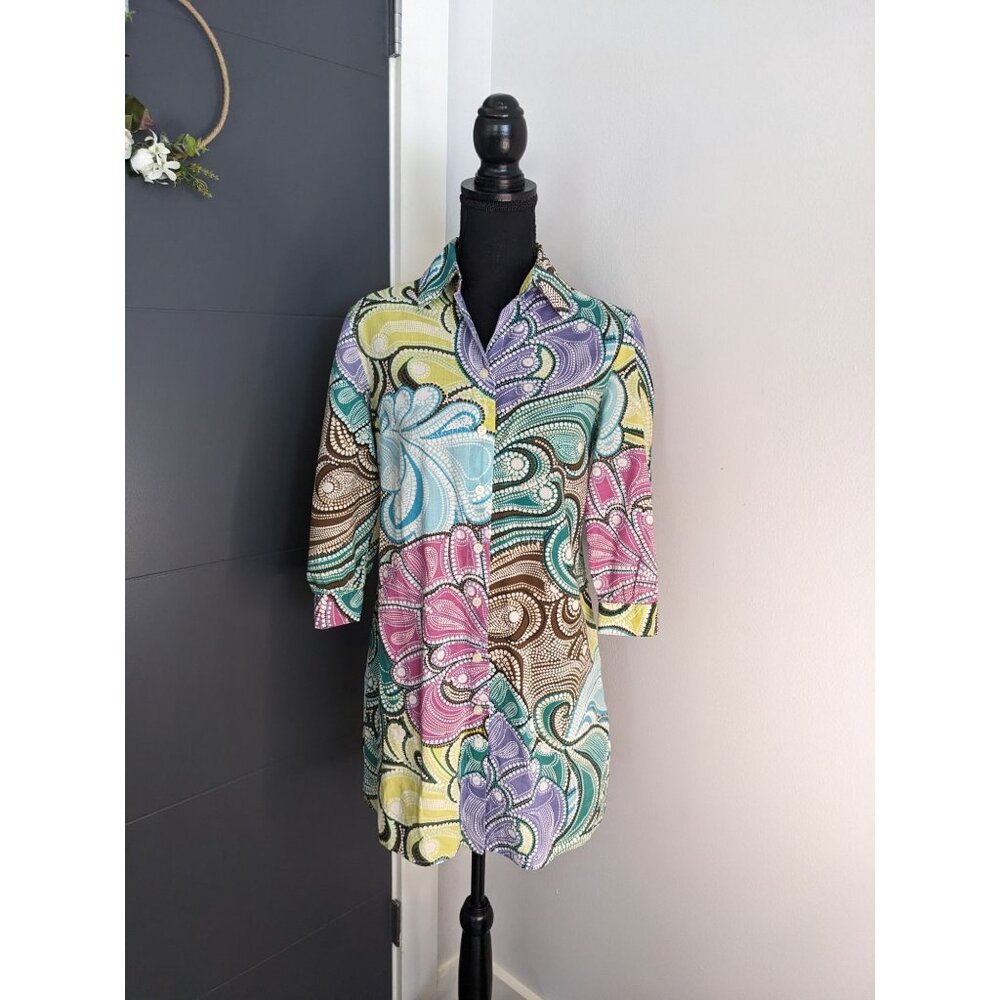 Dana Buchman Colorful Paisley 3/4 Sleeve‎ Collared Shirt Dress/Tunic - XS